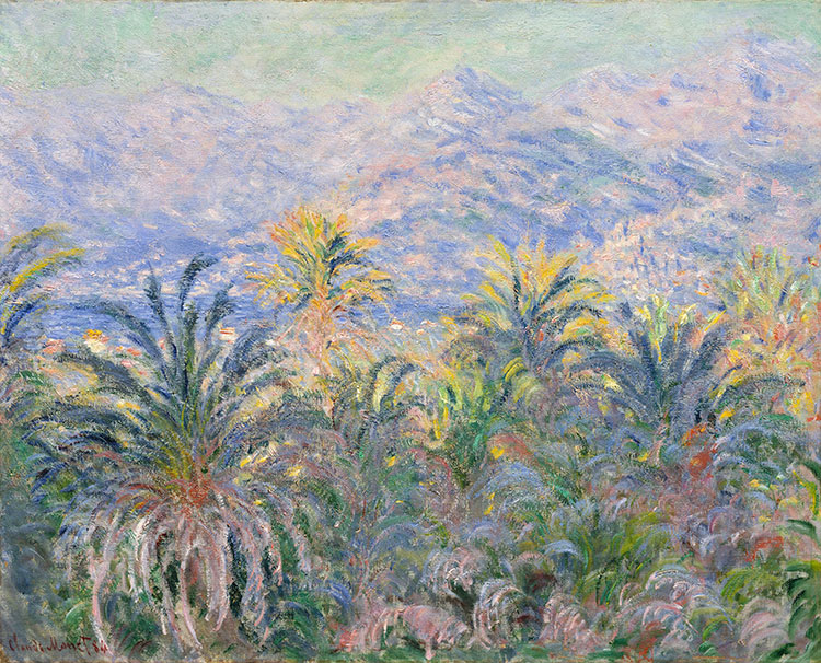 ボルディゲラの風景を描いたモネの絵。賑やかなヤシの木の林の向こうに山脈が見える